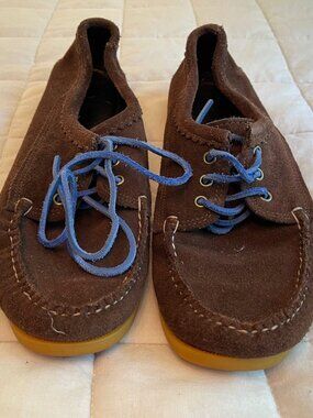 Quoddy Chocolate Suede Camp Moc Blucher, Blue Laces